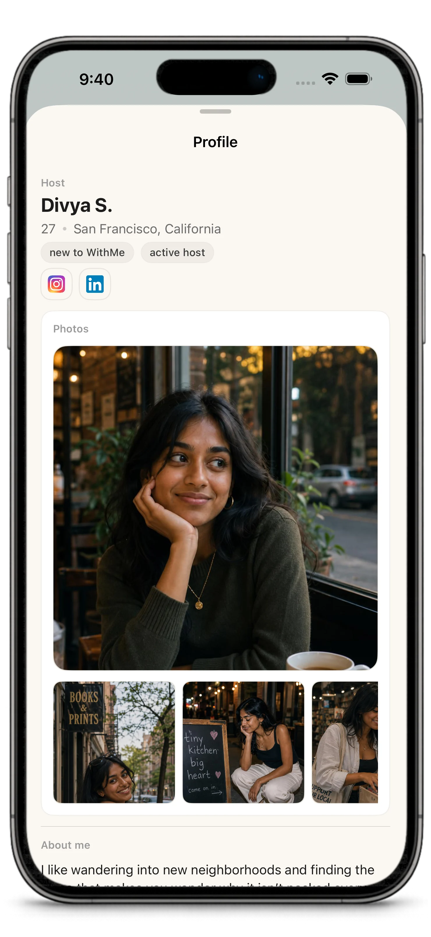Profile screen with photos and basic identity context