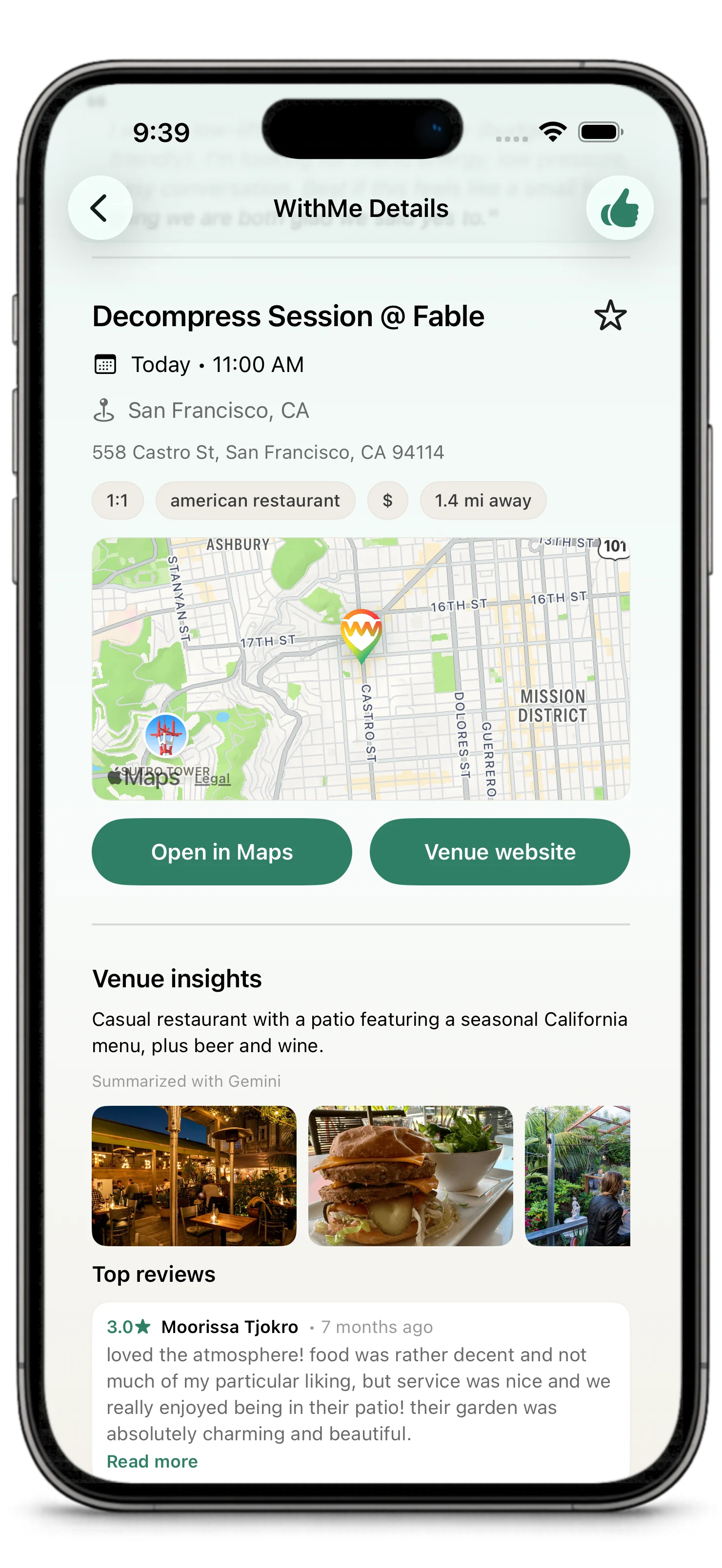 WithMe detail screen showing venue route, plan summary, and action controls