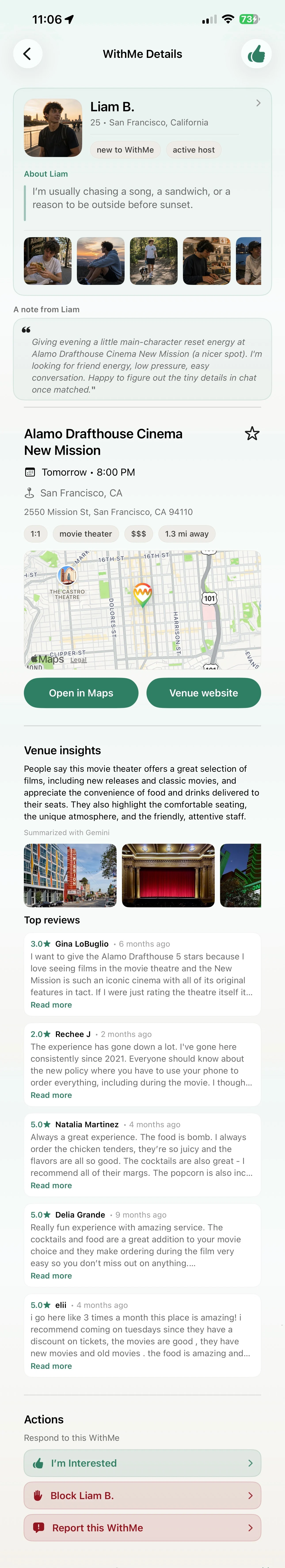 A WithMe detail screen showing Liam's profile, host note, Alamo Drafthouse venue details, map, venue insights, reviews, and safety actions.